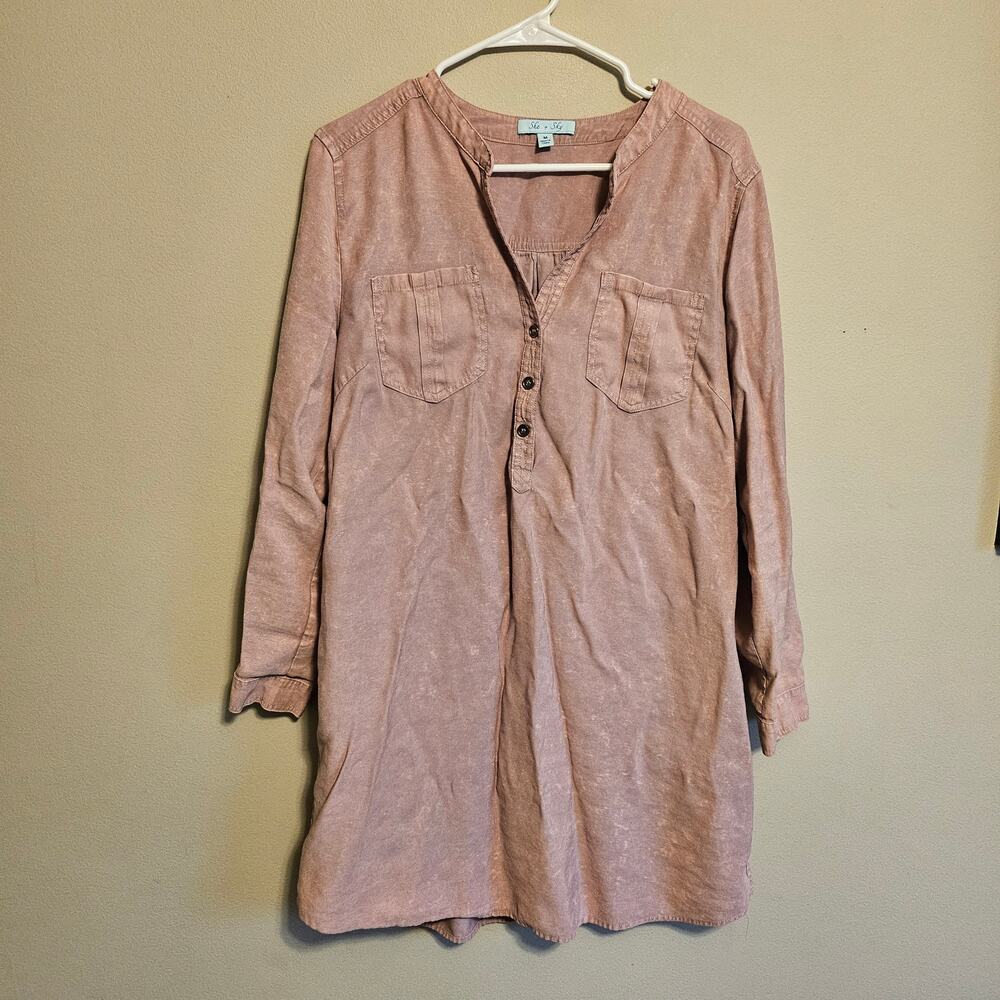 She + Sky Long Sleeve Pink Acid Wash Tunic Top Medium